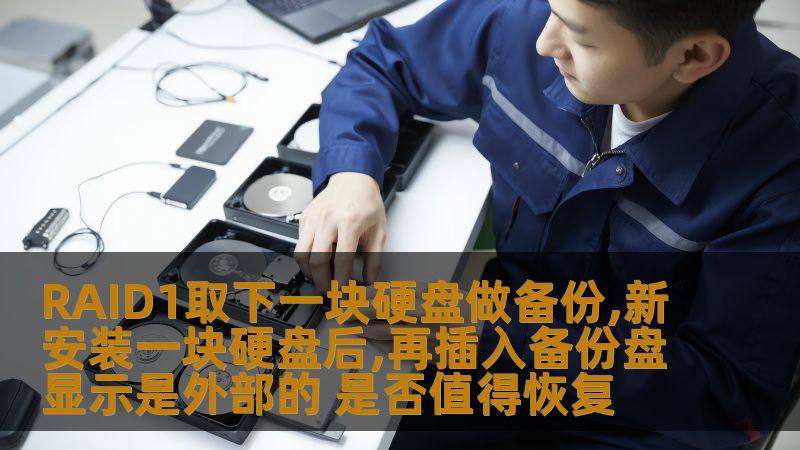 RAID1取下一块硬盘做备份后，新安装硬盘再插入备份盘显示为外部设备，是否值得恢复？本文深入分析RAID1备份的故障与恢复方法。