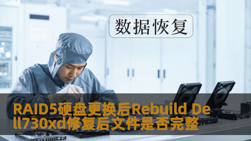 了解RAID5硬盘更换后在Dell730xd上重建的过程，以及文件是否完整的问题，确保数据安全。