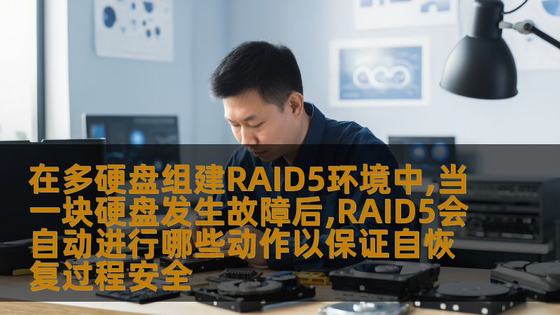 在多硬盘组建RAID5环境中,当一块硬盘发生故障后,RAID5会自动进行哪些动作以保证自恢复过程安全
