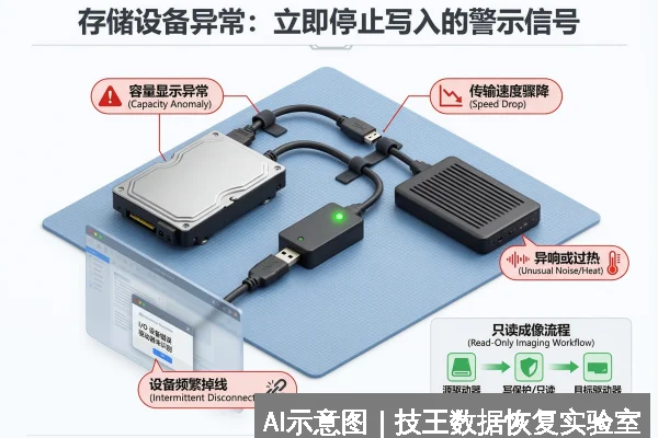 存储设备容量异常、速度骤降或掉盘时，哪些信号提示应立即停止写入？