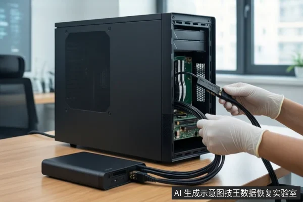 木质桌面上,一台黑色台式主机侧板打开,内部可见主板。一双戴白色手套的手正握持黑色线缆,将其连接至主机内部接口。桌面上平放一个黑色移动硬盘,背景为模糊的窗户。