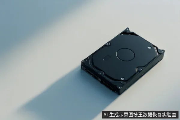 画面中展示了一块黑色的机械硬盘，放置在浅色平面上，硬盘表面有螺丝和接口，背景简洁。