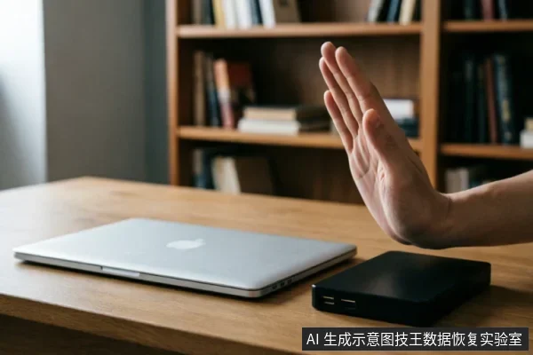 木质桌面上放置着一台闭合的银色笔记本电脑和一个黑色外接移动硬盘。画面右侧伸出一只手掌,掌心朝向设备做出明确的停止或拒绝手势,示意立即停止操作。背景为模糊的书架,整体营造出紧急止损、禁止通电的氛围。