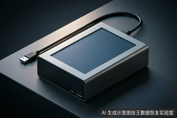 一个银灰色金属外壳的长方体USB存储设备平放在深色台面上,连接着一根黑色数据线,接口处可见蓝色USB标识,设备侧面有微小的指示灯孔和接口细节。