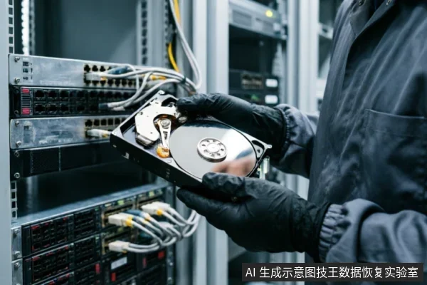 一名身穿深色工作服、佩戴黑色防静电手套的技术人员,在服务器机柜背景前双手托举着一块已拆开外壳的机械硬盘。画面清晰展示了裸露的金属盘片、读写磁头臂及内部连接结构,体现了专业数据恢复或硬件检测的场景。