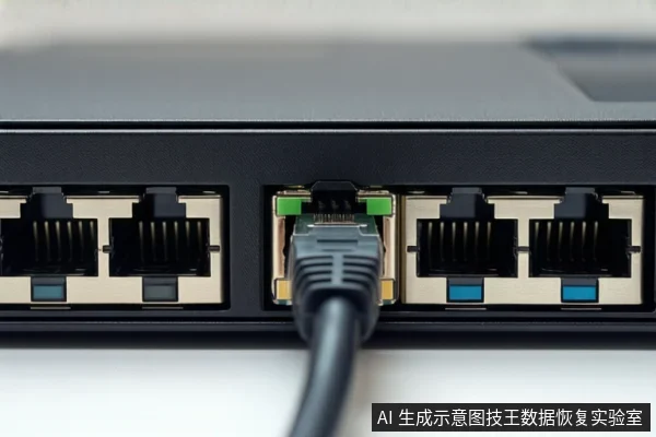 黑色网络设备后部特写，中间RJ45网口插入灰色网线，两侧各有两个空闲网口，背景虚化。