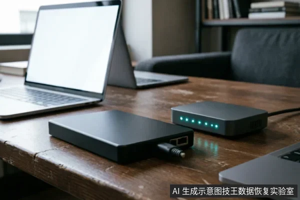 木质桌面上放置着一个连接电源线的黑色外置硬盘盒，侧面指示灯亮起。旁边有一个带有蓝色状态灯的小型网络设备（如路由器或集线器），背景中有两台笔记本电脑，展示了数据恢复或硬件排查时的桌面连接环境。