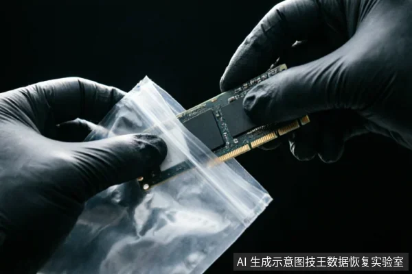 画面中一双戴着黑色防护手套的手正将一块固态硬盘放入透明密封袋中。这一动作象征着对故障存储介质的物理隔离与封存,直观体现了数据恢复前保持介质静止、避免二次写入和破坏的“零写入”原则及原始状态保护规范。