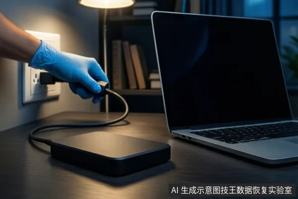 深色桌面上,一只戴蓝色手套的手正将USB线缆从墙壁插座拔出,线缆另一端连接着桌上的黑色外接硬盘盒,右侧是一台屏幕关闭的银色笔记本电脑。