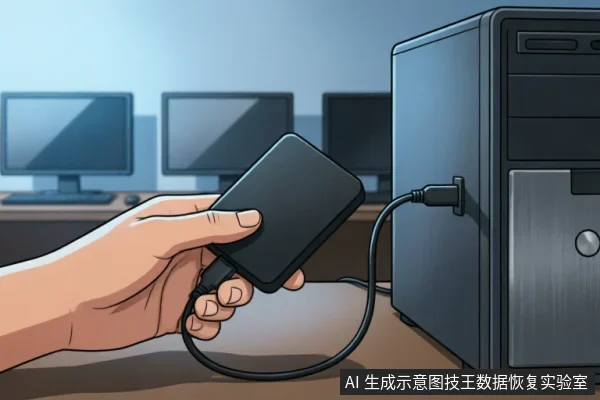 一只手持黑色移动硬盘,通过USB数据线连接至台式电脑主机侧面的接口。背景模糊显示有多台显示器排列,呈现出典型的网吧或机房环境场景。