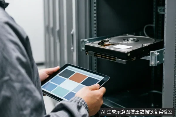 A technician holds a tablet displaying a color grid while inspecting an exposed hard drive mounted on a rack slider.