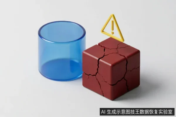 画面展示了一个表面布满裂纹的深红色立方体,象征损坏的固态硬盘或故障介质。立方体上方悬浮着一个黄色的三角形感叹号警示标志,提示危险或错误状态。左侧放置一个半透明的蓝色圆柱体容器。整体为3D概念插图,无具体硬件细节。