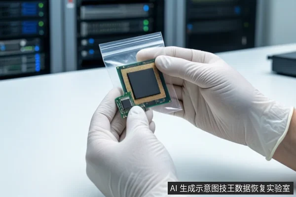 白色桌面上,一双戴白色手套的手正握持一个透明自封袋,袋内装有一块带有黑色芯片的绿色电路板,背景为模糊的服务器机柜。