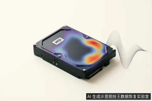 一块WD机械硬盘表面覆盖着红蓝渐变的热力图特效，右侧延伸出波浪状线条象征异常噪音或震动。该图直观展示了硬盘故障时的过热与物理干涉状态，用于辅助说明文中关于听音辨位和观察温度变化的诊断步骤。