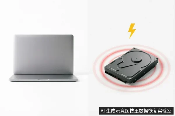 画面左侧是一台闭合的银灰色笔记本电脑,右侧是一块悬浮的机械硬盘。硬盘周围环绕着红色的震动波纹,上方有一个黄色闪电符号,象征设备出现异常、故障或正在经历危险的操作状态。