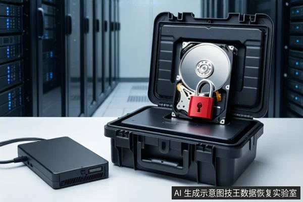 服务器机房背景前,白色桌面上放置一个打开的黑色防震箱,箱内固定一块机械硬盘并挂有红色挂锁。左侧平放一个黑色外接硬盘盒,连接着黑色线缆。