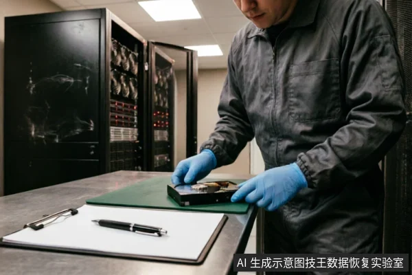 一名身穿灰色防静电工作服、佩戴蓝色手套的技术人员,在服务器机房背景下的工作台上,双手托举并检查一块已拆解的机械硬盘。桌面上放置有写字板和笔,画面展示了专业数据恢复或硬件检测的场景。