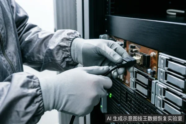 一名身穿防静电服、佩戴手套的技术人员正在将数据线插入服务器或存储设备的接口中。画面聚焦于手部连接动作及硬件端口,背景为机架式设备,体现了对物理连接和硬件接口的专业检查操作。