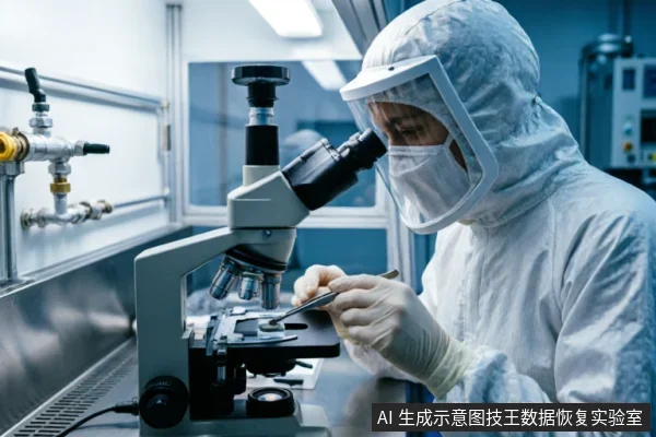 一名身穿全套白色洁净服、佩戴面罩和手套的专业人员，在实验室环境中使用显微镜对微小物体进行精细操作。