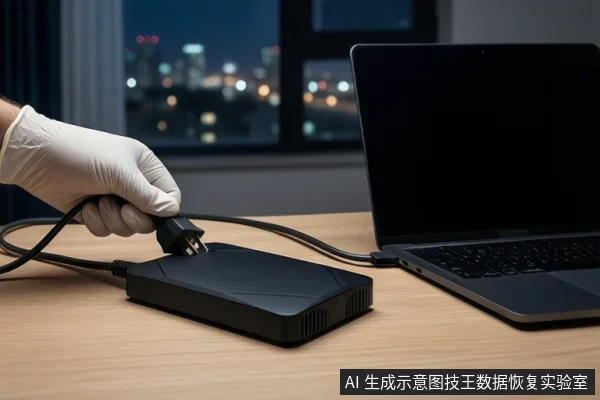 木质桌面上，一只戴白色手套的手正握持黑色电源插头，悬停在一个黑色移动硬盘上方。右侧是一台打开的黑屏笔记本电脑，背景为模糊的城市夜景。