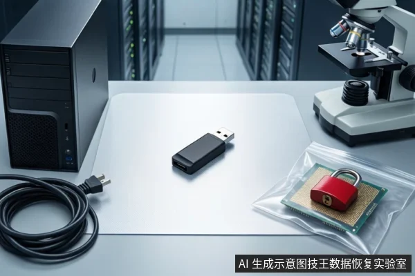 白色桌面上，左侧竖立一台黑色塔式主机，中间平放一个黑色U盘，右侧放置一台显微镜。前景盘绕一根黑色线缆，右侧透明防静电袋内装有一块绿色PCB芯片，上方挂着一把红色挂锁。背景为模糊的服务器机柜。