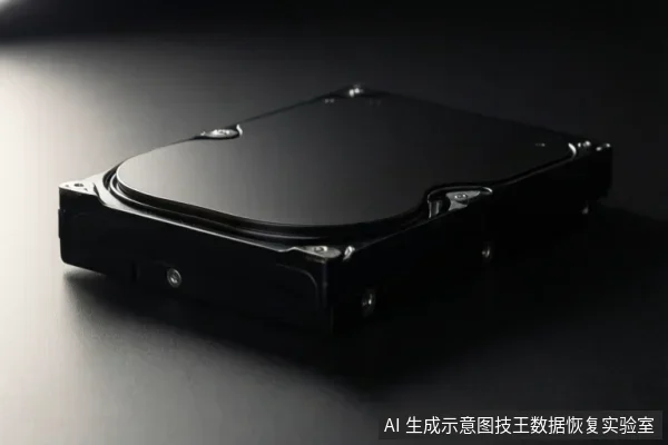 深色桌面上放置一块黑色机械硬盘,外壳完整,可见螺丝与接口边缘,无拆解或操作动作。