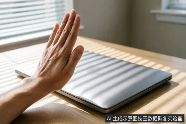 一只手掌在闭合的银色笔记本电脑前做出停止或拒绝的手势,阳光透过百叶窗在桌面和机身上投下条纹状阴影,示意立即停止操作。