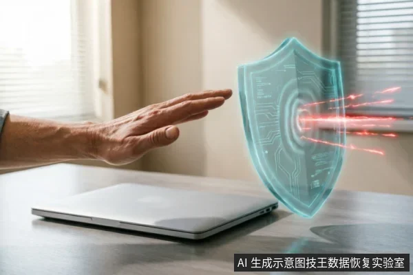 一只手掌在闭合的笔记本电脑前做出防御手势,前方悬浮着一个发光的蓝色全息盾牌,正在抵挡红色的激光束攻击。画面象征数据安全防护与抵御网络威胁。