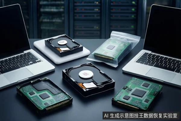 深色桌面上静态陈列数据恢复设备：左右各有一台打开的银色笔记本电脑，中间平放两块打开外壳的机械硬盘，可见盘片和主轴。右侧防静电袋内装有一块绿色电路板，前景平放另一块绿色电路板。背景为模糊的服务器机柜。