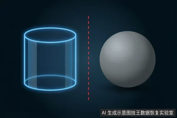 画面左侧为一个发光的蓝色线框圆柱体,右侧为一个灰色实体球体,中间由一条红色虚线垂直隔开。该图通过抽象的几何图形对比,示意逻辑数据容器与物理存储介质或硬件故障之间的界限与隔离关系。
