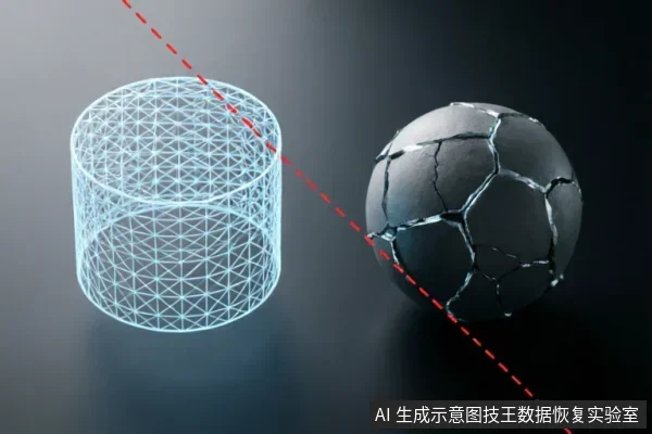 画面左侧为一个发光的蓝色线框圆柱体,右侧为一个表面布满裂纹的黑色球体,一条红色虚线贯穿两者。该图通过几何形态的对比与连接,抽象地示意了从逻辑结构到物理介质受损状态的转化或关联。