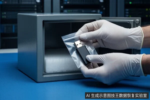 机房环境中,蓝色防静电垫上放置一个打开的灰色金属保险柜,内部铺有白色泡沫垫。右侧一双戴白色手套的手正握持一个装有黑色U盘的透明自封袋,悬停在保险柜上方。背景是模糊的服务器机柜。