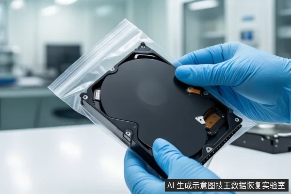 洁净室环境中，一双戴蓝色手套的手正握持一块打开外壳的机械硬盘，硬盘被放置在透明防静电袋中。背景为模糊的实验室设备。