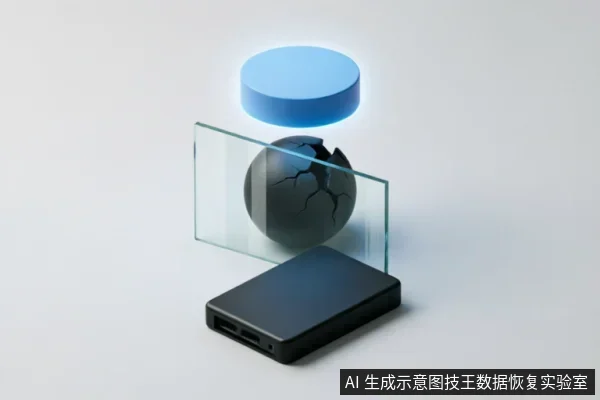 图片展示了一个黑色移动硬盘,上方悬浮着一块透明玻璃板,玻璃板后方是一个表面布满裂纹的黑色球体,最顶端悬浮着一个发光的蓝色圆柱体。画面通过破碎的球体隐喻硬盘内部的物理损坏或硬件故障。