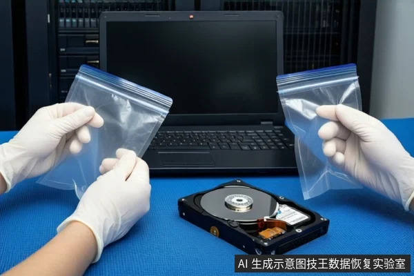 蓝色防静电垫上平放一块打开外壳的机械硬盘，可见盘片与磁头组件。一双戴白手套的手正分别握持两个空的透明自封袋，悬停在硬盘上方。背景是一台黑屏笔记本电脑和服务器机柜。