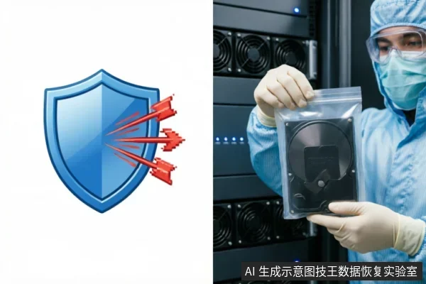 左侧为蓝色盾牌抵挡红色箭矢的图标,象征防御与数据安全;右侧展示一名身穿全套洁净服、佩戴护目镜和口罩的工程师,在服务器机柜背景前手持装有机械硬盘的防静电密封袋。