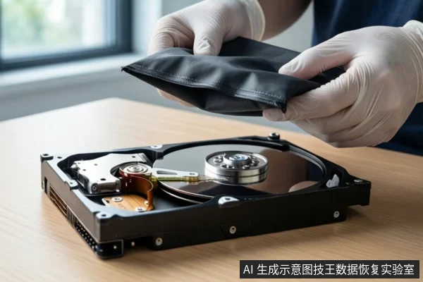 木质桌面上平放一块打开外壳的机械硬盘,露出盘片与磁头组件。上方一双戴白色手套的手正握持一个黑色防静电袋,悬停在硬盘上方。背景可见模糊的窗户。