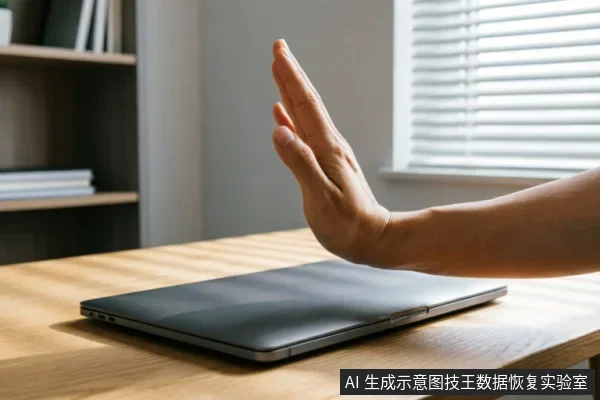一只手掌在闭合的笔记本电脑前做出明确的停止手势,示意拒绝操作。背景为木质桌面、书架及百叶窗,光线柔和。画面直观传达了在面对设备故障时应立即停止通电、阻断进一步操作的紧急制动概念。