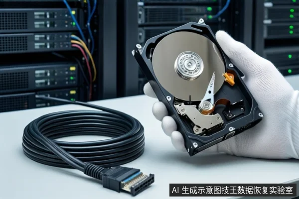 白色桌面上,一只戴白色手套的手正握持一块打开外壳的机械硬盘,展示其内部盘片与磁头组件。左侧平放着一卷盘绕的黑色SATA数据线,接口清晰可见。背景为模糊的服务器机柜。