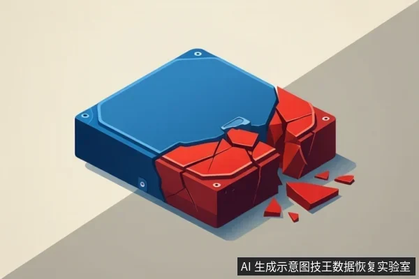 画面中展示了一块蓝色外壳的硬盘,其红色底座部分出现严重破裂,碎片散落周围,背景为浅色台面。