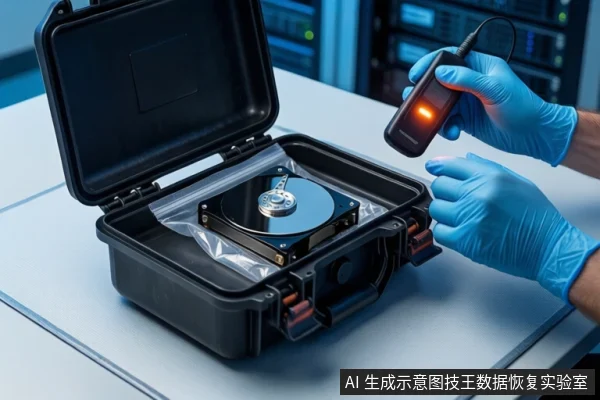 戴蓝色手套的双手在白色桌面上操作,左手持黑色检测仪对准打开的黑色防震箱内的机械硬盘,右手扶箱,背景为模糊机柜。