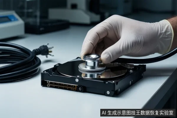 白色台面上平放一块裸露的机械硬盘，一只戴白色手套的手正握持一个银色金属听诊器，将其听头贴在硬盘盘片上方。左侧有一卷黑色线缆，背景为模糊的实验室设备。