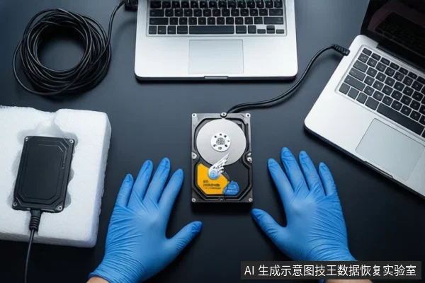 深色桌面上,中间平放一块打开外壳的机械硬盘,可见盘片和主轴。左侧白色泡沫垫上放有黑色移动硬盘,右侧是一台银色笔记本电脑。前景一双戴蓝色手套的手平放在桌面两侧。