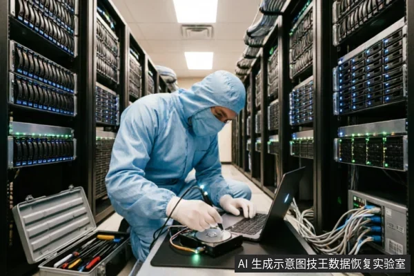 画面展示了一名身穿蓝色防尘服、佩戴口罩和手套的专业人员,在服务器机房环境中操作。他正使用专用工具连接并检测一块裸露的硬盘,旁边放置着打开的工具箱和笔记本电脑,体现了专业数据恢复机构在洁净环境下进行硬件级读取与修复的场景。
