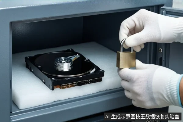 灰色保险柜门打开,内部白色泡沫垫上平放一块裸露机械硬盘。右侧一双戴白色手套的手正握持一把黄铜色挂锁,悬停在柜门边缘。背景为模糊的服务器机柜。