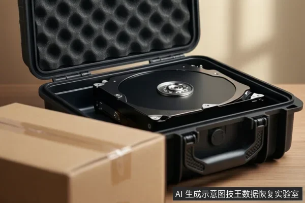 画面中一个打开的黑色防护箱内放置着一块裸露的机械硬盘，箱盖内衬有防震泡沫，前景处有一个封好的快递纸箱，放置在木质桌面上。