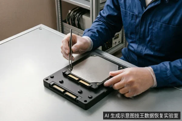 画面展示了一名身穿蓝色工装、佩戴防静电手套的技术人员，正在使用镊子对一块裸露盘体的机械硬盘进行精细操作。背景可见服务器机柜设备，体现了专业数据恢复机构在洁净环境下对存储介质进行硬件评估与处理的场景。
