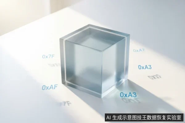 画面展示了一个置于白色平面上的透明玻璃立方体,周围散落着“0xA3”、“0x7F”、“0xAF”等蓝色十六进制数值代码。这些数字仿佛从立方体中浮现或投射在桌面上,象征着底层二进制数据与文件签名的搜索过程。