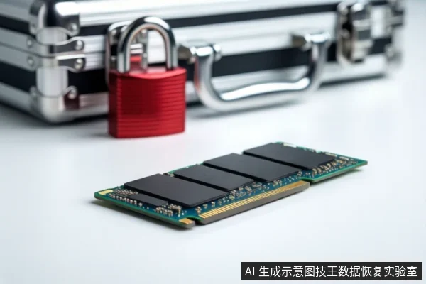 白色桌面上平放一块绿色M.2固态硬盘,可见黑色闪存芯片和金色金手指接口,背景为挂有红色挂锁的银色金属防震箱。