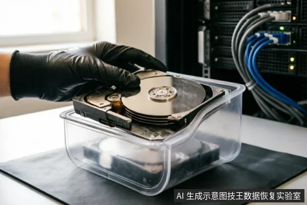 一只戴着黑色防静电手套的手正托举着一块已打开上盖的机械硬盘，将其放置在透明塑料盒上方。背景可见服务器机柜及蓝色网线，展示了在专业环境下对存储介质进行规范处理的场景。
